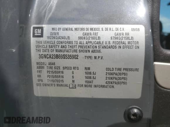 2009 Chevrolet HHR 1LT с VIN 3GNCA23B69S535902, выставлен на аукционе Copart как лот 58831904 с пробегом 100 660 миль миль и Списание • Salvage title. История ставок и продаж доступна на DreamBid. Изображение 12.