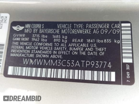 ✅ 2010 MINI Clubman S • VIN: WMWMM3C53ATP93774 • Lot: 43170999. Listed on IAAI with 52,079 mi. Free auction sales archive from the USA and detailed vehicle history report at DreamBid. Image 9.