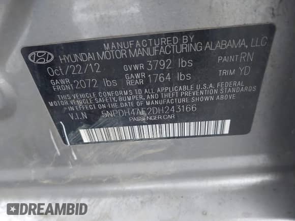 2013 Hyundai Elantra Limited with VIN 5NPDH4AE2DH243166, listed as a IAAI auction lot 43555192 with 151,700 mi miles and . Bid and sale history available at DreamBid. Image 9.