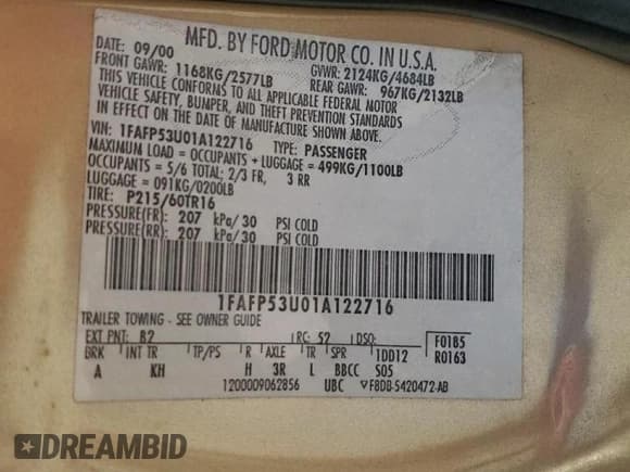 ✅ 2001 Ford Taurus SE • VIN: 1FAFP53U01A122716 • Лот: 64474095. Опубликован ранее на Copart с пробегом 111 927 миль. Бесплатный доступ к архиву аукционных продаж из США и подробный отчёт об истории автомобиля на DreamBid. Изображение 12.