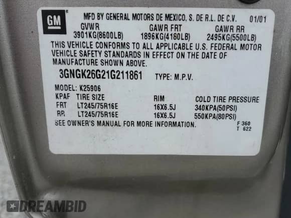 2001 Chevrolet Suburban LT with VIN 3GNGK26G21G211861, listed as a Copart auction lot 67628775 with 159,695 mi miles and Salvage title. Bid and sale history available at DreamBid. Image 13.