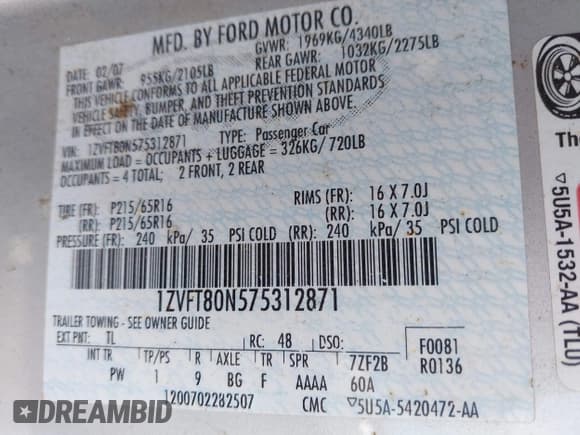 ✅ 2007 Ford Mustang Deluxe • VIN: 1ZVFT80N575312871 • Lot: 43395280. Listed on IAAI with 189,003 mi. Free auction sales archive from the USA and detailed vehicle history report at DreamBid. Image 9.