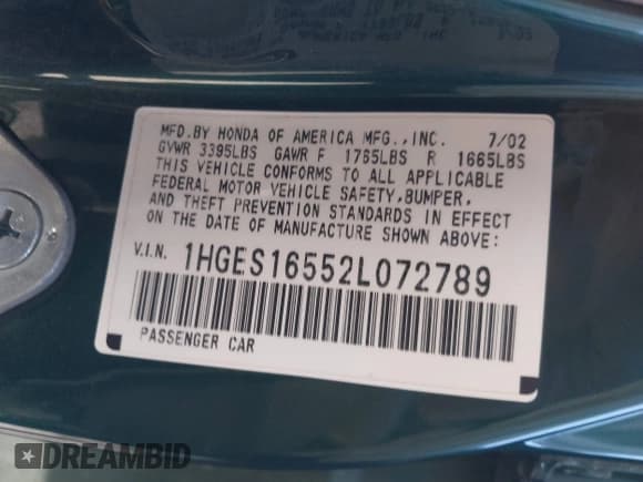 ✅ 2002 Honda Civic LX • VIN: 1HGES16552L072789 • Lot: 43492505. Listed on IAAI with 234,514 mi. Free auction sales archive from the USA and detailed vehicle history report at DreamBid. Image 9.