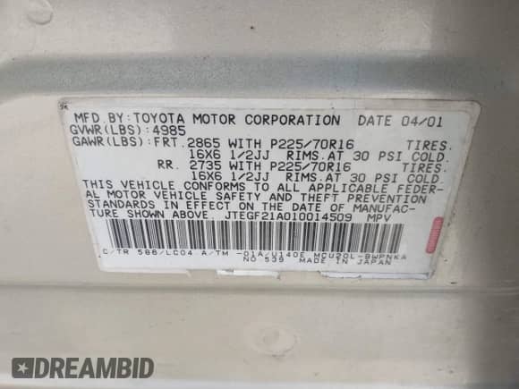 2001 Toyota Highlander z VIN JTEGF21A010014509, wystawiony jako IAAI lot #41512700 z przebiegiem 165 065 mil mil oraz . Historia ofert i sprzedaży dostępna na DreamBid. Obrazek 9.