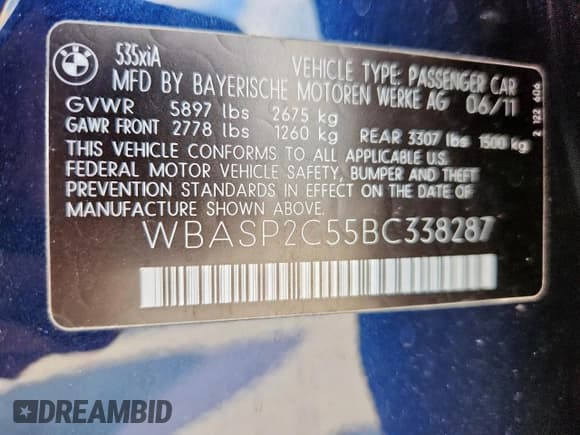 ✅ 2011 BMW 5 Series 535i Gran Turismo xDrive • VIN: WBASP2C55BC338287 • Lot: 81057535. Wystawiony na Copart z przebiegiem 126 818 mil. Bezpłatny archiwum sprzedaży aukcyjnych z USA i szczegółowy raport historii pojazdu na DreamBid. Zdjęcie 12.