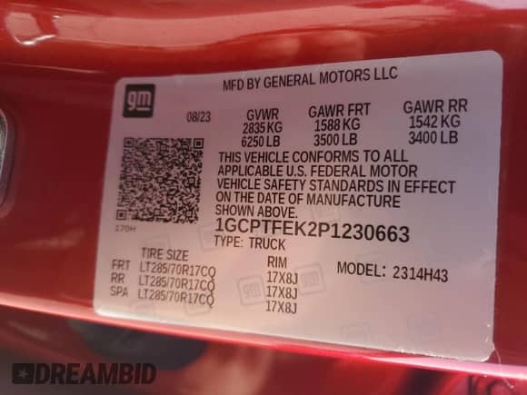 2023 Chevrolet Colorado 4WD ZR2 с VIN 1GCPTFEK2P1230663, выставлен на аукционе Copart как лот 42185015 с пробегом 5 927 миль миль и Списание • Salvage title. История ставок и продаж доступна на DreamBid. Изображение 12.