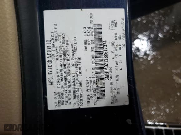 ✅ 2008 Mercury Milan Premier • VIN: 3MEHM02128R617374 • Lot: 59097895. Listed on Copart with 149,569 mi. Free auction sales archive from the USA and detailed vehicle history report at DreamBid. Image 12.