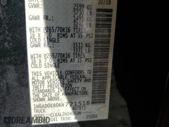 ✅ 2019 Nissan Frontier SV • VIN: 1N6AD0ER0KN721518 • Lot: 91179005. Listed on Copart with Not provided. Free auction sales archive from the USA and detailed vehicle history report at DreamBid. Image 12.