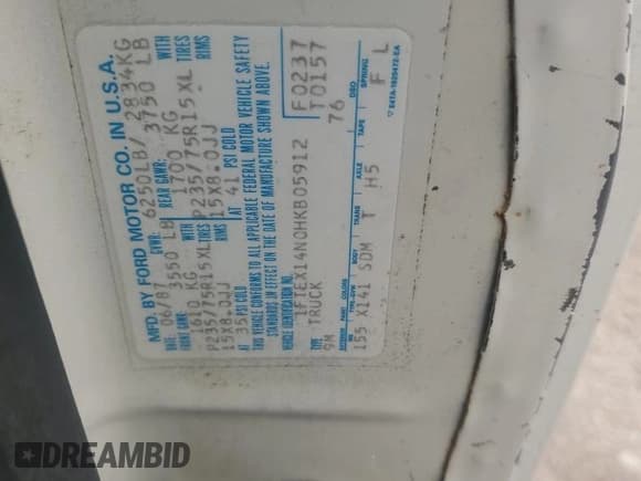 ✅ 1987 Ford F-150 • VIN: 1FTEX14N0HKB05912 • Lot: 71509695. Listed on Copart with 83,376 mi. Free auction sales archive from the USA and detailed vehicle history report at DreamBid. Image 12.