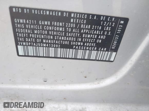 ✅ 2013 Volkswagen Jetta SE • VIN: 3VWDP7AJ5DM413092 • Lot: 43511410. Listed on IAAI with 223,958 mi. Free auction sales archive from the USA and detailed vehicle history report at DreamBid. Image 9.