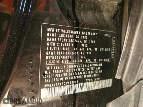 ✅ 2013 Volkswagen Tiguan S • VIN: WVGAV7AX3DW530018 • Lot: 91469785. Listed on Copart with 173,328 mi. Free auction sales archive from the USA and detailed vehicle history report at DreamBid. Image 13.