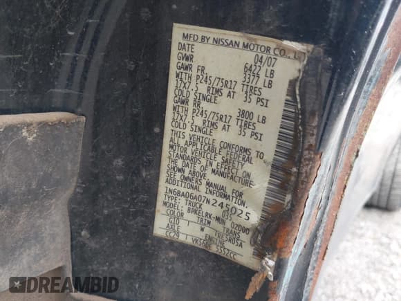 ✅ 2007 Nissan Titan LE • VIN: 1N6BA06A07N245025 • Lot: 42469264. Listed on IAAI with 324,485 mi. Free auction sales archive from the USA and detailed vehicle history report at DreamBid. Image 9.