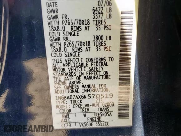 ✅ 2006 Nissan Titan LE • VIN: 1N6BA07AX6N570519 • Лот: 91110315. Опубликован ранее на Copart с пробегом 201 774 миль. Бесплатный доступ к архиву аукционных продаж из США и подробный отчёт об истории автомобиля на DreamBid. Изображение 12.