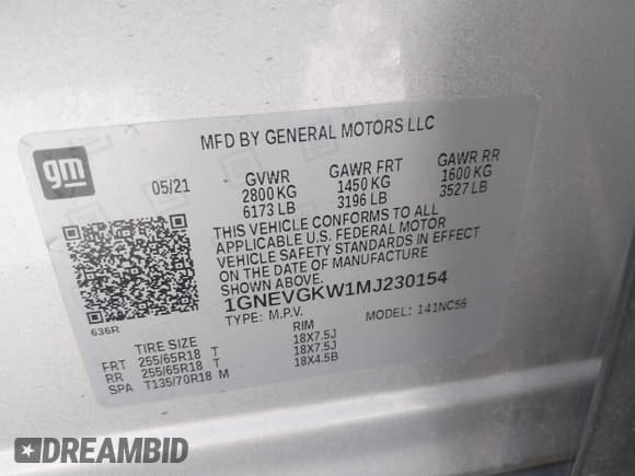✅ 2021 Chevrolet Traverse LT Cloth • VIN: 1GNEVGKW1MJ230154 • Lot: 43524907. Wystawiony na IAAI z przebiegiem 49 312 mil. Bezpłatny archiwum sprzedaży aukcyjnych z USA i szczegółowy raport historii pojazdu na DreamBid. Zdjęcie 9.