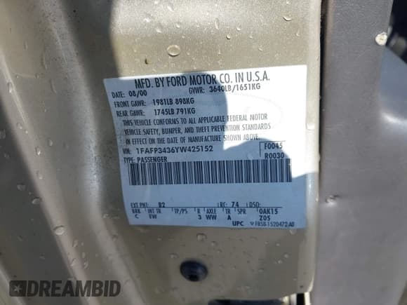 ✅ 2000 Ford Focus SE • VIN: 1FAFP3436YW425152 • Lot: 43600286. Listed on IAAI with 184,474 mi. Free auction sales archive from the USA and detailed vehicle history report at DreamBid. Image 9.