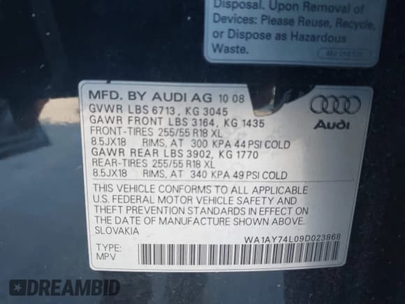 ✅ 2009 Audi Q7 • VIN: WA1AY74L09D023868 • Lot: 43887779. Wystawiony na IAAI z przebiegiem 198 495 mil. Bezpłatny archiwum sprzedaży aukcyjnych z USA i szczegółowy raport historii pojazdu na DreamBid. Zdjęcie 9.