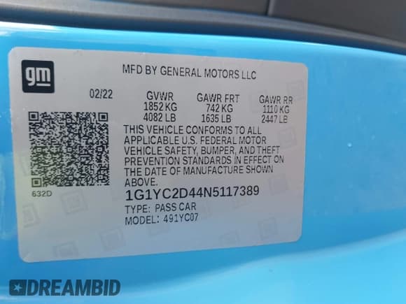 ✅ 2022 Chevrolet Corvette 3LT • VIN: 1G1YC2D44N5117389 • Lot: 41511815. Listed on IAAI with 11,915 mi. Free auction sales archive from the USA and detailed vehicle history report at DreamBid. Image 9.