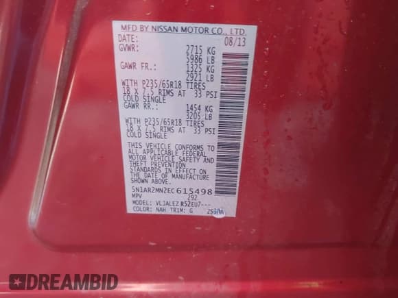 ✅ 2014 Nissan Pathfinder SL • VIN: 5N1AR2MN2EC615498 • Lot: 43655509. Listed on IAAI with 196,466 mi. Free auction sales archive from the USA and detailed vehicle history report at DreamBid. Image 9.