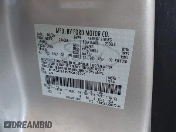 ✅ 2007 Ford Escape Limited • VIN: 1FMCU94197KA36921 • Lot: 40426720. Listed on IAAI with 177,909 mi. Free auction sales archive from the USA and detailed vehicle history report at DreamBid. Image 9.