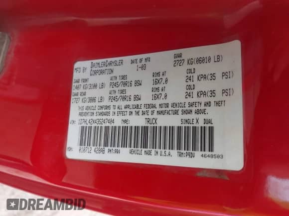 2003 Dodge Dakota SLT with VIN 1D7HL42X43S247404, listed as a IAAI auction lot 41685036 with 95,054 mi miles and . Bid and sale history available at DreamBid. Image 9.