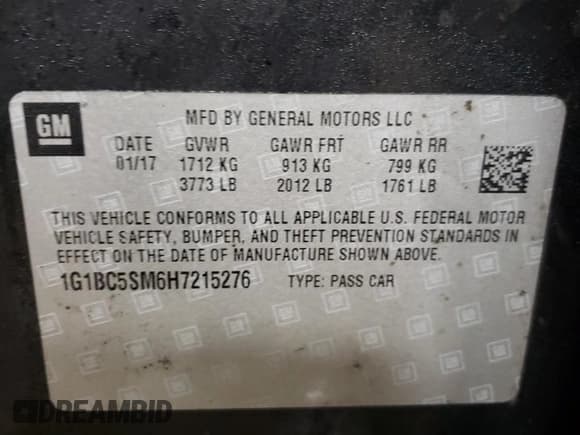 ✅ 2017 Chevrolet Cruze LS • VIN: 1G1BC5SM6H7215276 • Lot: 71184272. Listed on Copart with 78,960 mi. Free auction sales archive from the USA and detailed vehicle history report at DreamBid. Image 12.