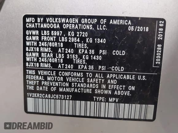 ✅ 2018 Volkswagen Atlas SE • VIN: 1V2KR2CA8JC573127 • Lot: 43534656. Wystawiony na IAAI z przebiegiem 183 216 mil. Bezpłatny archiwum sprzedaży aukcyjnych z USA i szczegółowy raport historii pojazdu na DreamBid. Zdjęcie 9.