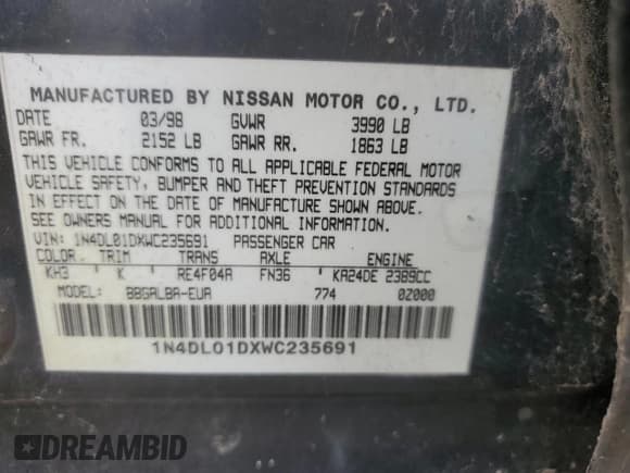 ✅ 1998 Nissan Altima XE • VIN: 1N4DL01DXWC235691 • Lot: 65751305. Listed on Copart with 218,251 mi. Free auction sales archive from the USA and detailed vehicle history report at DreamBid. Image 12.