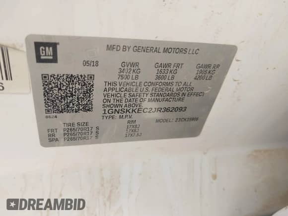 2018 Chevrolet Suburban Commercial с VIN 1GNSKKEC2JR362093, выставлен на аукционе IAAI как лот 42017185 с пробегом 156 269 миль миль и . История ставок и продаж доступна на DreamBid. Изображение 9.