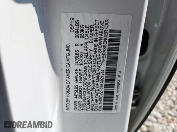 ✅ 2019 Honda Accord EX-L • VIN: 1HGCV2F59KA024244 • Лот: 91930745. Опубликован ранее на Copart с пробегом 58 085 миль. Бесплатный доступ к архиву аукционных продаж из США и подробный отчёт об истории автомобиля на DreamBid. Изображение 12.