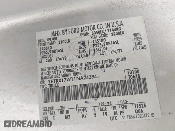 ✅ 2001 Ford F-150 XL • VIN: 1FTRX17W11NA24394 • Lot: 41453581. Listed on IAAI with 71,311 mi. Free auction sales archive from the USA and detailed vehicle history report at DreamBid. Image 9.