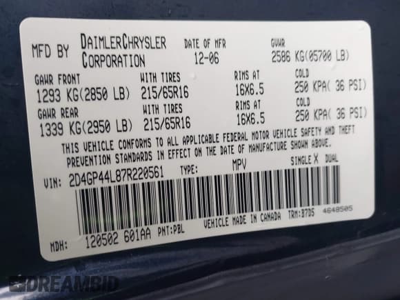 ✅ 2007 Dodge Grand Caravan SXT • VIN: 2D4GP44L87R220561 • Lot: 43881786. Listed on IAAI with 167,620 mi. Free auction sales archive from the USA and detailed vehicle history report at DreamBid. Image 9.