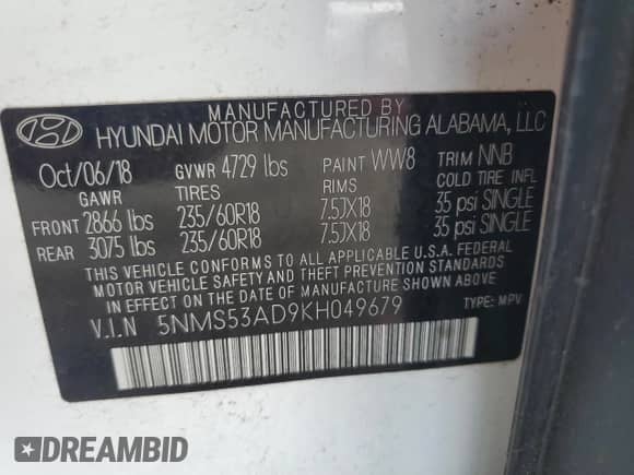 2019 Hyundai Santa Fe Ultimate z VIN 5NMS53AD9KH049679, wystawiony jako Copart lot #68590435 z przebiegiem 47 150 mil mil oraz Nie do naprawy • Non repairable. Historia ofert i sprzedaży dostępna na DreamBid. Obrazek 13.