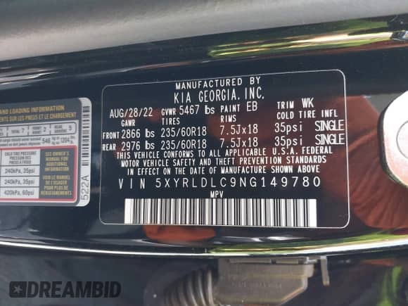 2022 Kia Sorento X-Line S z VIN 5XYRLDLC9NG149780, wystawiony jako IAAI lot #42567100 z przebiegiem 62 097 mil mil oraz . Historia ofert i sprzedaży dostępna na DreamBid. Obrazek 9.