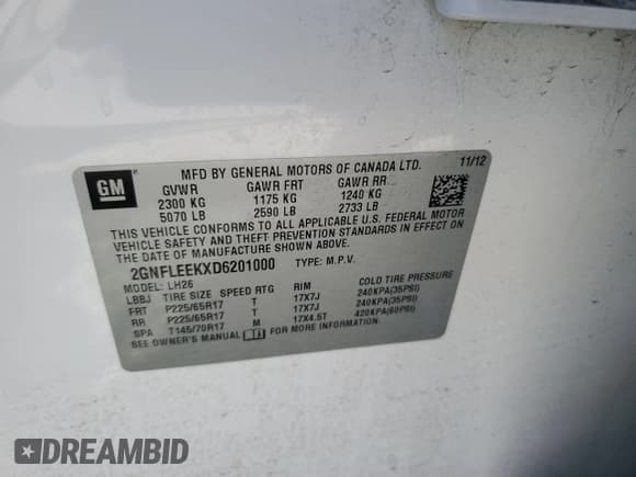 ✅ 2013 Chevrolet Equinox LT • VIN: 2GNFLEEKXD6201000 • Лот: 71165654. Опубликован ранее на Copart с пробегом 118 696 миль. Бесплатный доступ к архиву аукционных продаж из США и подробный отчёт об истории автомобиля на DreamBid. Изображение 14.