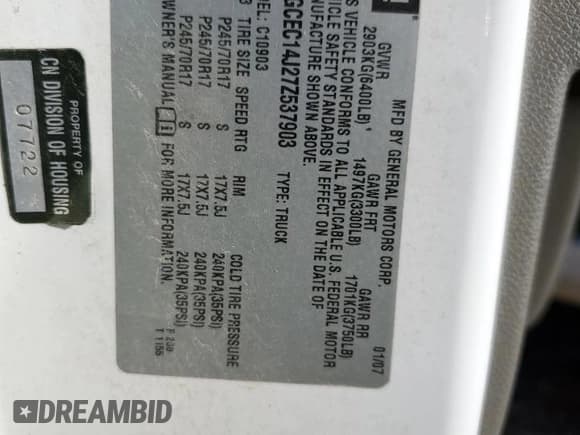 ✅ 2007 Chevrolet Silverado 1500 • VIN: 1GCEC14J27Z537903 • Лот: 84207774. Опубликован ранее на Copart с пробегом 250 430 миль. Бесплатный доступ к архиву аукционных продаж из США и подробный отчёт об истории автомобиля на DreamBid. Изображение 12.