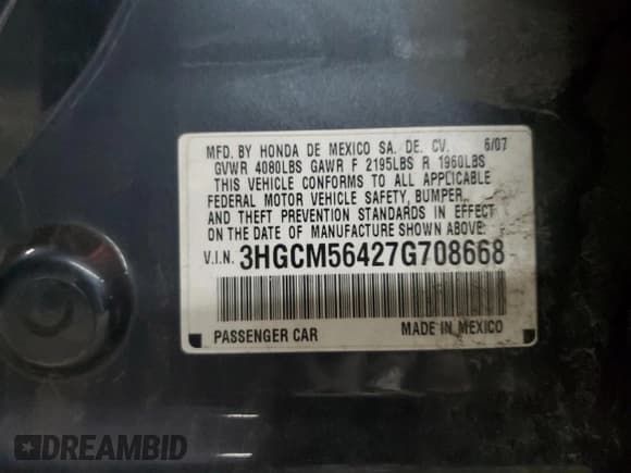 ✅ 2007 Honda Accord LX • VIN: 3HGCM56427G708668 • Lot: 90131585. Listed on Copart with 186,530 mi. Free auction sales archive from the USA and detailed vehicle history report at DreamBid. Image 12.