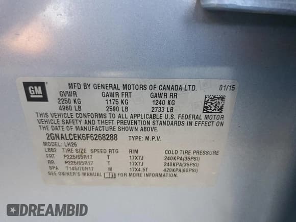 ✅ 2015 Chevrolet Equinox LT • VIN: 2GNALCEK6F6268288 • Lot: 91474575. Listed on Copart with 127,297 mi. Free auction sales archive from the USA and detailed vehicle history report at DreamBid. Image 14.