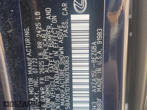 ✅ 2022 Lexus ES 250 • VIN: 58AD11D11NU010063 • Lot: 65681665. Listed on Copart with 59,342 mi. Free auction sales archive from the USA and detailed vehicle history report at DreamBid. Image 12.