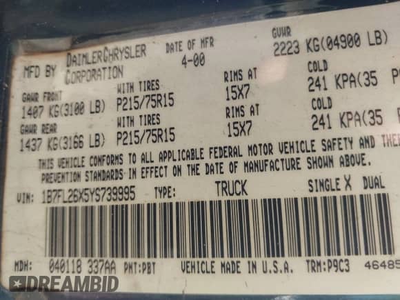 2000 Dodge Dakota with VIN 1B7FL26X5YS739995, listed as a IAAI auction lot 41694016 with 197,663 mi miles and . Bid and sale history available at DreamBid. Image 9.