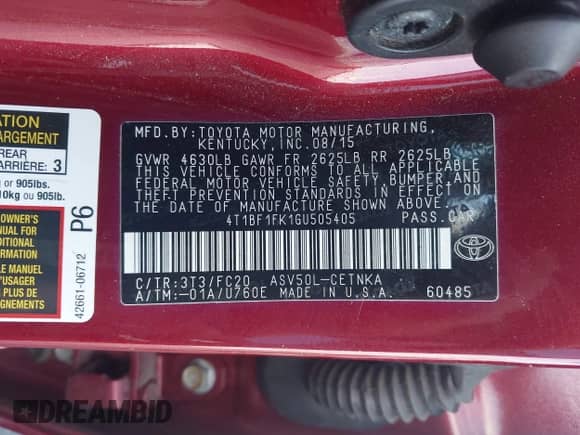 2016 Toyota Camry SE z VIN 4T1BF1FK1GU505405, wystawiony jako IAAI lot #42746443 z przebiegiem 238 864 mil mil oraz . Historia ofert i sprzedaży dostępna na DreamBid. Obrazek 9.