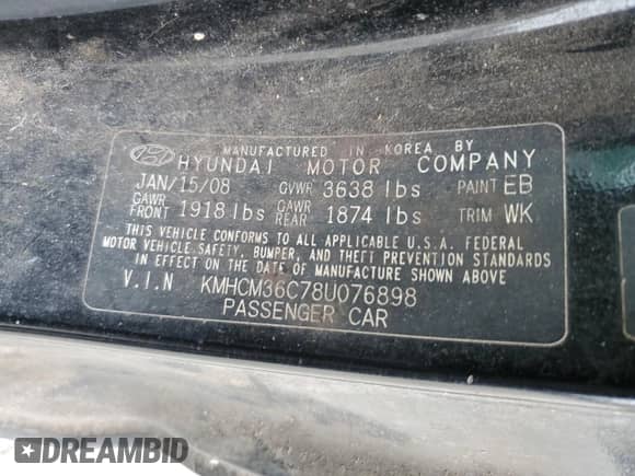 2008 Hyundai Accent GS z VIN KMHCM36C78U076898, wystawiony jako Copart lot #57266224 z przebiegiem Nie podano mil oraz Szkoda całkowita • Salvage title. Historia ofert i sprzedaży dostępna na DreamBid. Obrazek 13.