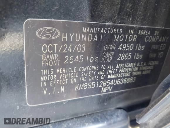 2004 Hyundai Santa Fe z VIN KM8SB12B54U636883, wystawiony jako IAAI lot #41417445 z przebiegiem 91 669 mil mil oraz . Historia ofert i sprzedaży dostępna na DreamBid. Obrazek 9.