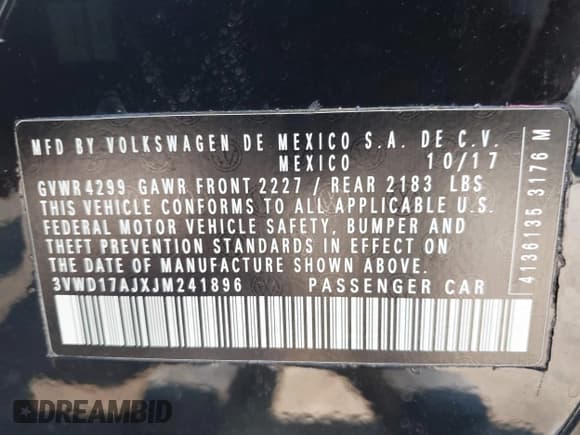 ✅ 2018 Volkswagen Jetta SE Sport • VIN: 3VWD17AJXJM241896 • Lot: 42727243. Listed on IAAI with 141,695 mi. Free auction sales archive from the USA and detailed vehicle history report at DreamBid. Image 9.