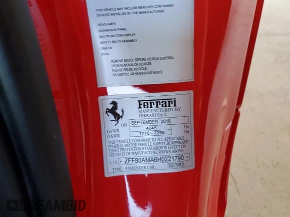 ✅ 2017 Ferrari 488 • VIN: ZFF80AMA6H0221790 • Лот: 66868284. Опубликован ранее на Copart с пробегом Не указан. Бесплатный доступ к архиву аукционных продаж из США и подробный отчёт об истории автомобиля на DreamBid. Изображение 12.