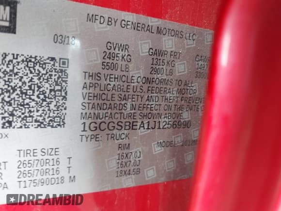 ✅ 2018 Chevrolet Colorado 2WD Work Truck • VIN: 1GCGSBEA1J1256990 • Lot: 41654571. Listed on IAAI with 92,507 mi. Free auction sales archive from the USA and detailed vehicle history report at DreamBid. Image 9.