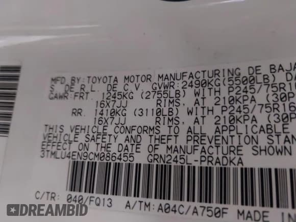 ✅ 2012 Toyota Tacoma • VIN: 3TMLU4EN9CM086455 • Lot: 41398671. Listed on IAAI with 241,138 mi. Free auction sales archive from the USA and detailed vehicle history report at DreamBid. Image 9.