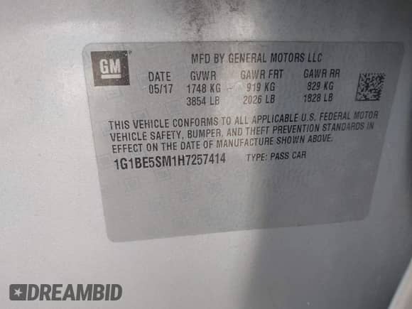 2017 Chevrolet Cruze LT with VIN 1G1BE5SM1H7257414, listed as a IAAI auction lot 43180998 with 103,728 mi miles and . Bid and sale history available at DreamBid. Image 9.