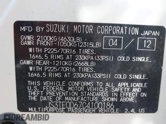 ✅ 2012 Suzuki Grand Vitara Premium • VIN: JS3TE0D67C4100186 • Lot: 42862856. Listed on IAAI with 133,573 mi. Free auction sales archive from the USA and detailed vehicle history report at DreamBid. Image 9.