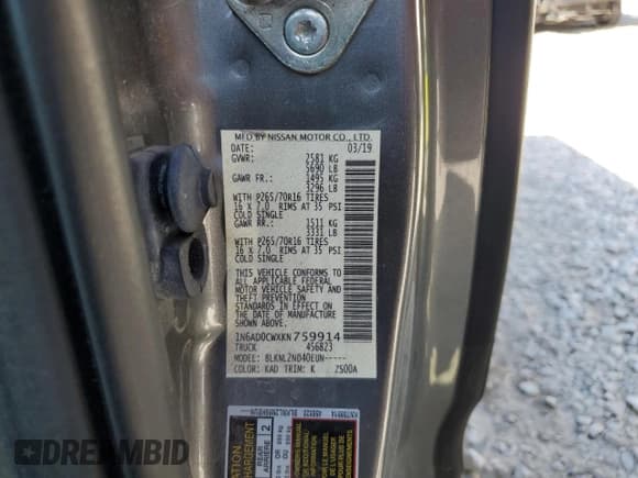 ✅ 2019 Nissan Frontier SV • VIN: 1N6AD0CWXKN759914 • Lot: 81251505. Listed on Copart with 70,505 mi. Free auction sales archive from the USA and detailed vehicle history report at DreamBid. Image 12.