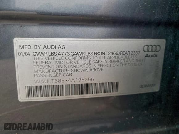 ✅ 2004 Audi A4 3.0L • VIN: WAULT68E34A195256 • Lot: 93261035. Listed on Copart with Not provided. Free auction sales archive from the USA and detailed vehicle history report at DreamBid. Image 12.